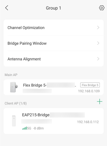 Network management interface with various settings for channel optimization, including bridge pairing, antenna alignment, main AP, and Flex Bridge configurations.
