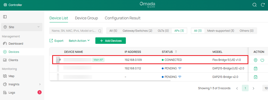 Omada Controller dashboard showing a device list with configurations for three devices, including a connected Flex Bridge 5 and a pending EAP215-Bridge.