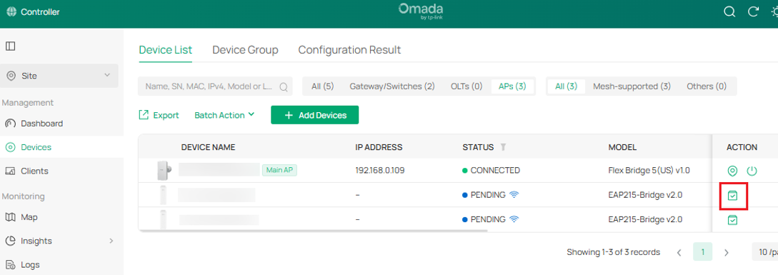 Omada dashboard showing a list of devices with their details such as IP addresses, status, model, and actions, including gateways, switches, APs, and clients.