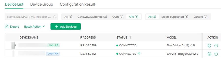 Device list showing a connected Main and Client AP along with their IP addresses.