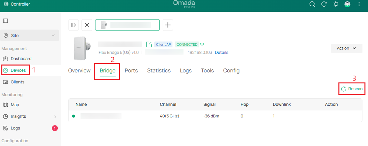 Client AP Bridge page showing rescan options for new Main AP.