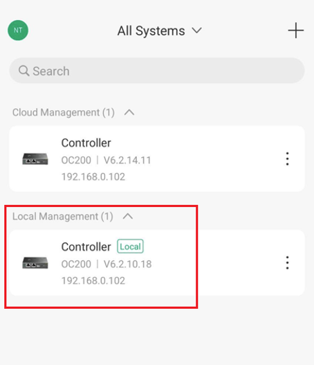 Omada App Controller Mode configuration page with a hardware controller in the Local Management section.