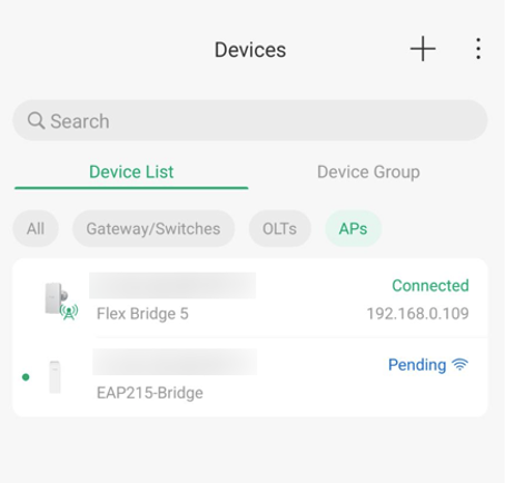 Network device list with various types of devices including a Flex Bridge 5 and EAP215-Bridge.