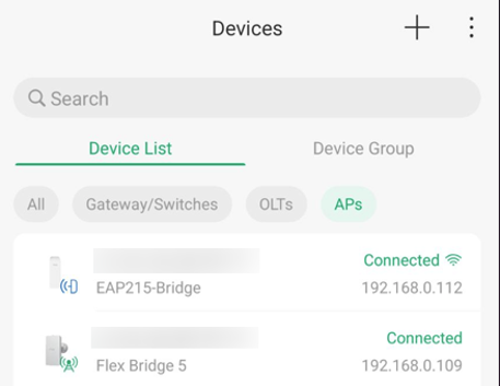 Device list showing a connected Main and Client AP along with their IP addresses.