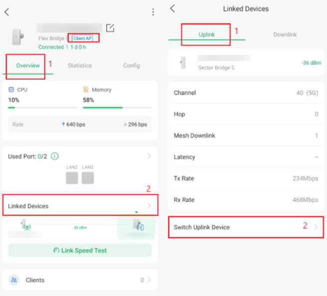 Omada App configuration steps for selecting linked devices and switching new uplink device.