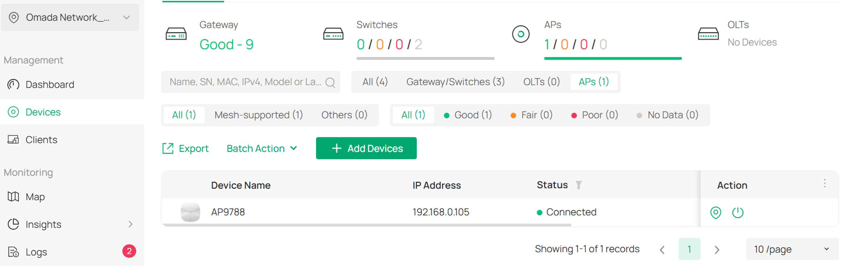 Omada Controller Devices page showing an AP discovered and ready for adoption