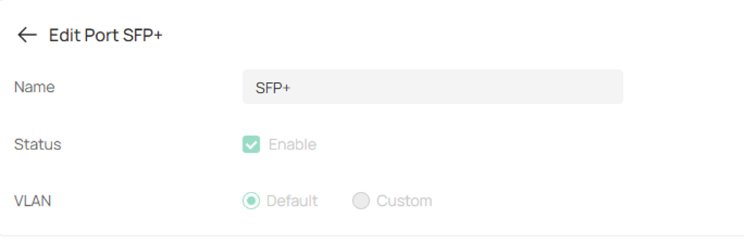 Omada Controller Ports page showing Port VLAN settings disabled on the logical uplink port