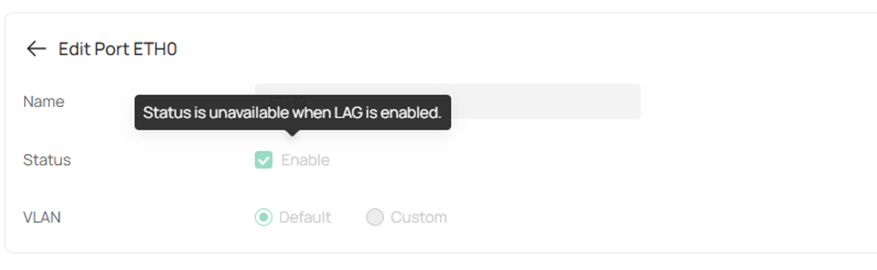Omada Controller Ports page showing VLAN configuration unavailable on LAG member ports