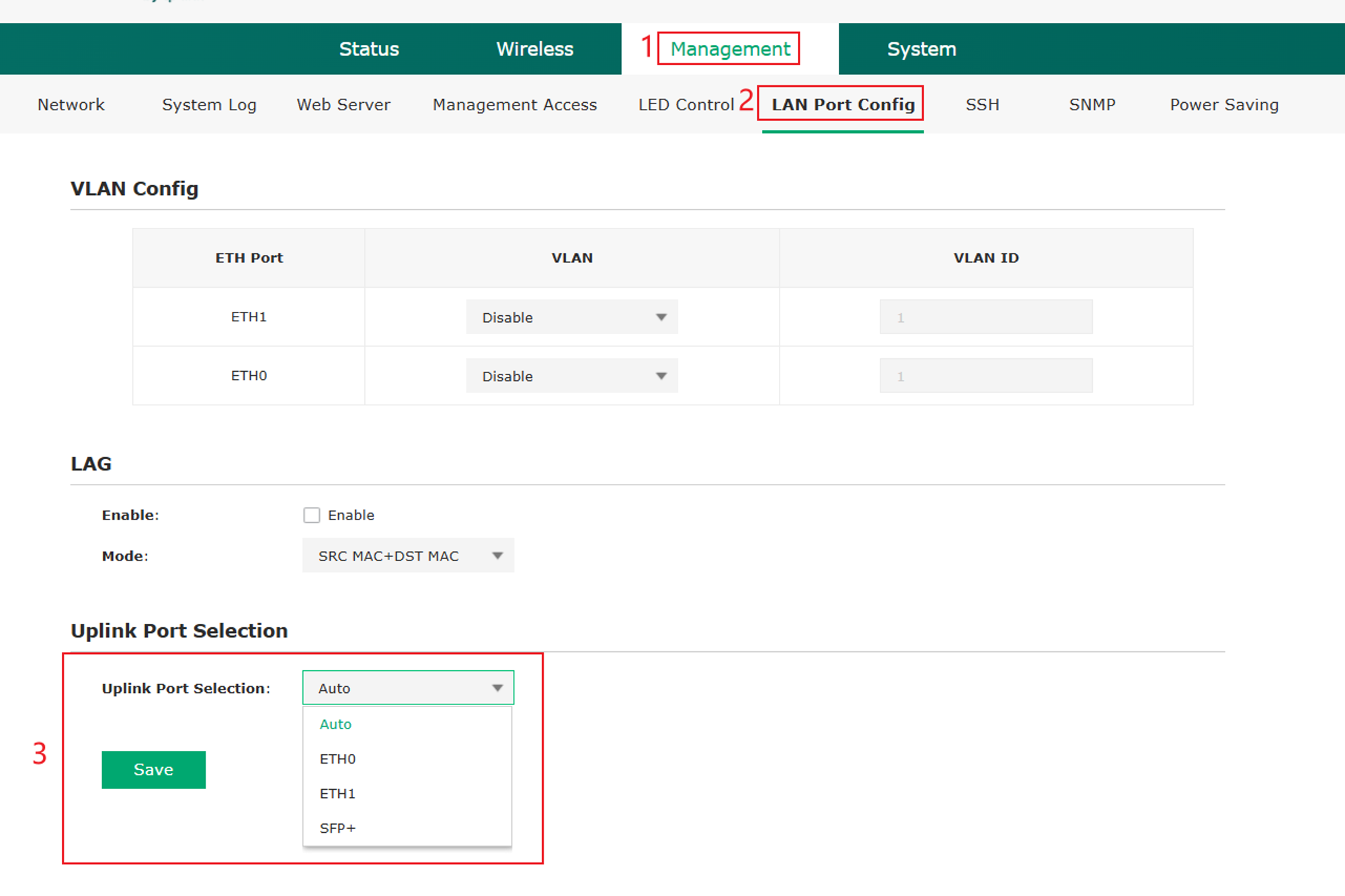 AP standalone web interface showing Uplink Port Selection with Auto, SFP+, ETH1, and ETH0 options