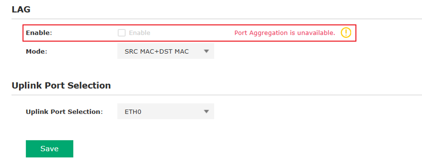 AP standalone web interface showing Link Aggregation unavailable when a specific uplink port is selected