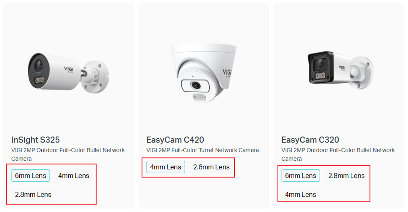 VIGI camera models displaying available lens options, including 2.8 mm, 4 mm, and 6 mm focal lengths depending on the model.