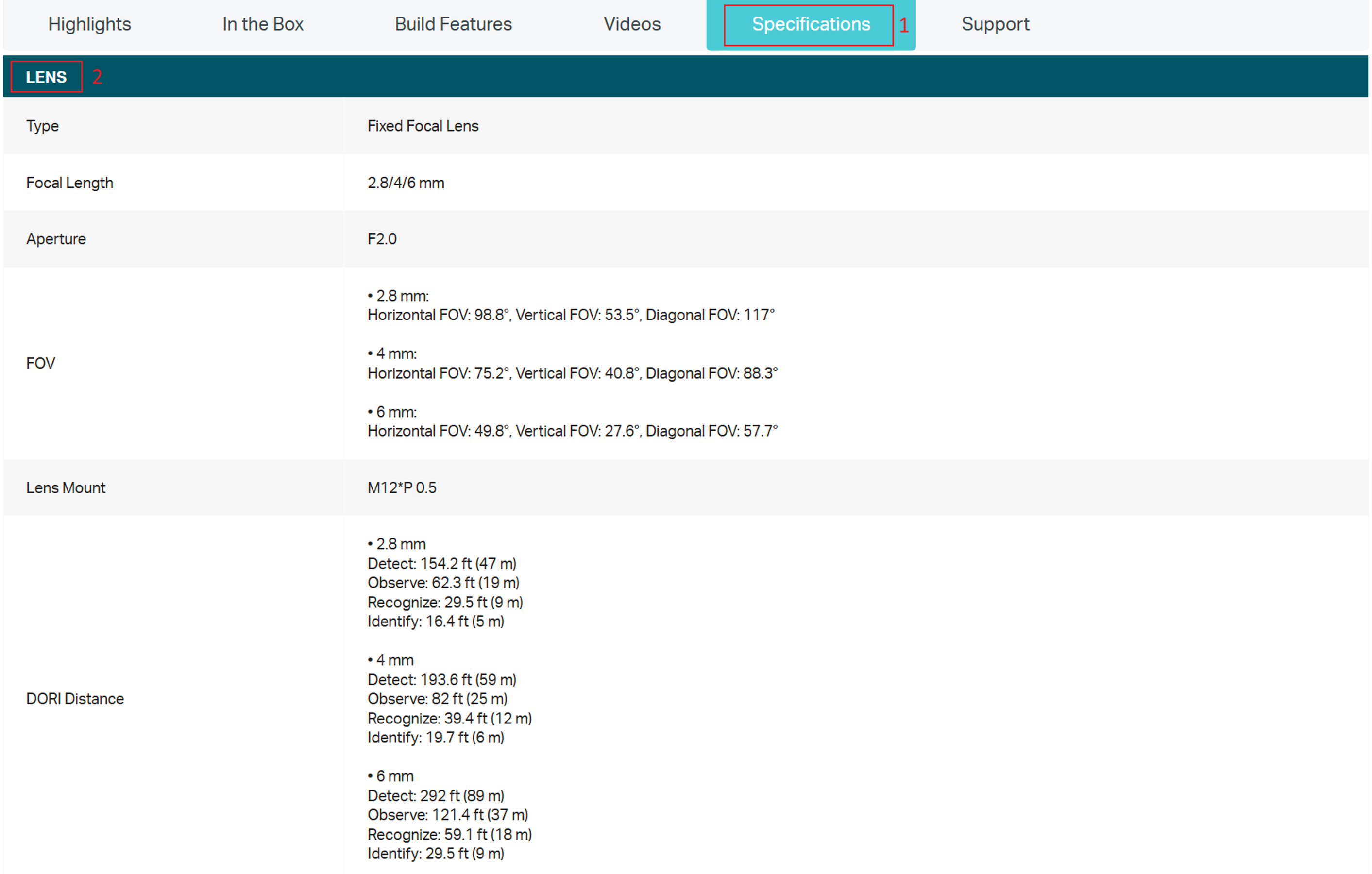 Product page showing the Specifications tab and the Lens section, where lens focal length options (2.8 mm, 4 mm, and 6 mm) and related specifications are displayed.