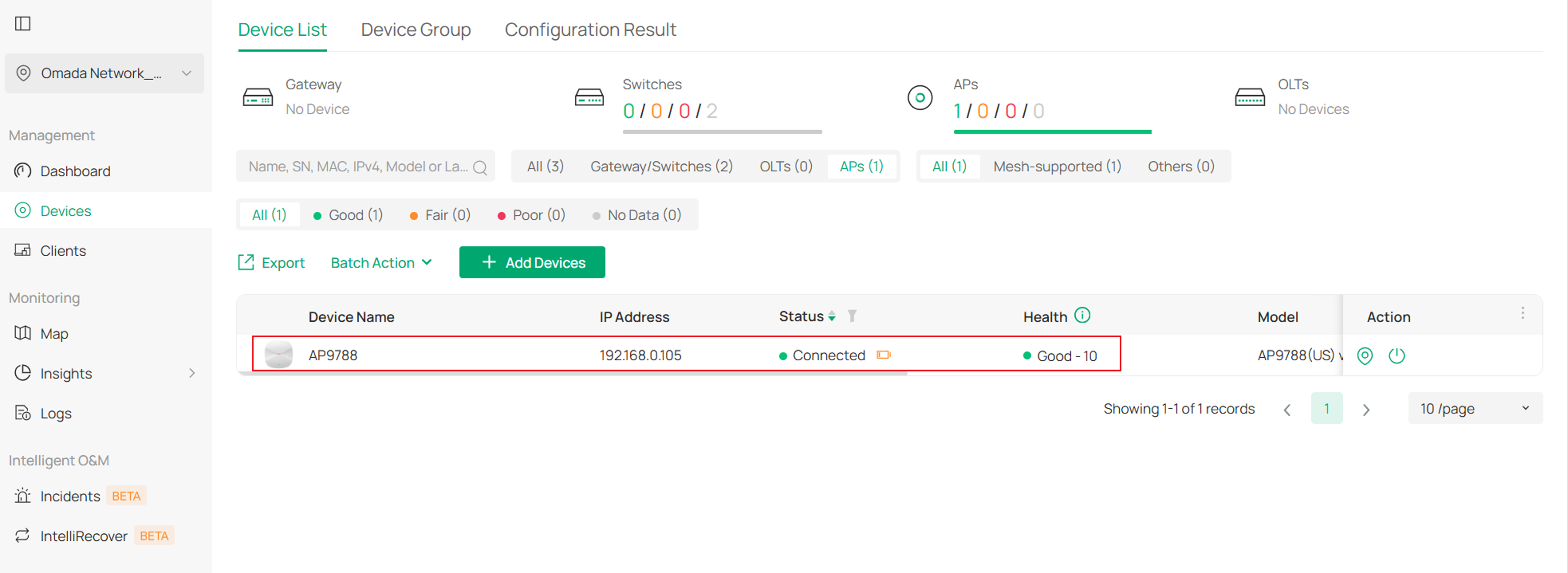Controller Devices page showing the AP with an Adopted status.