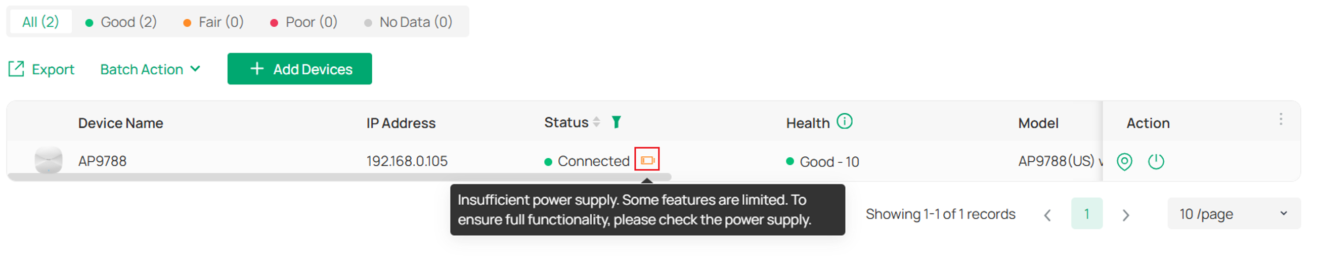 power supply status on device page.