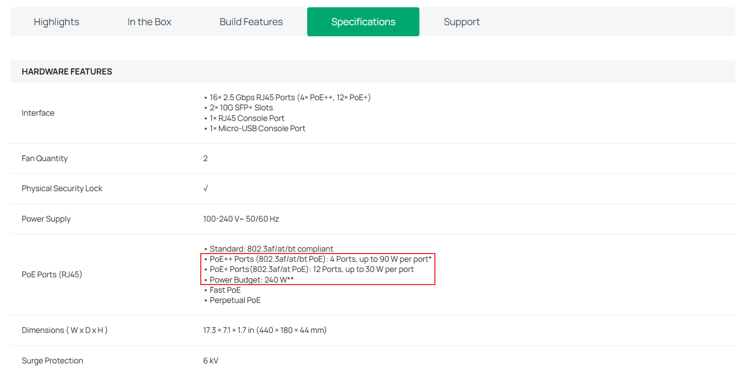 Example of PoE specifications on an Omada switch product page.