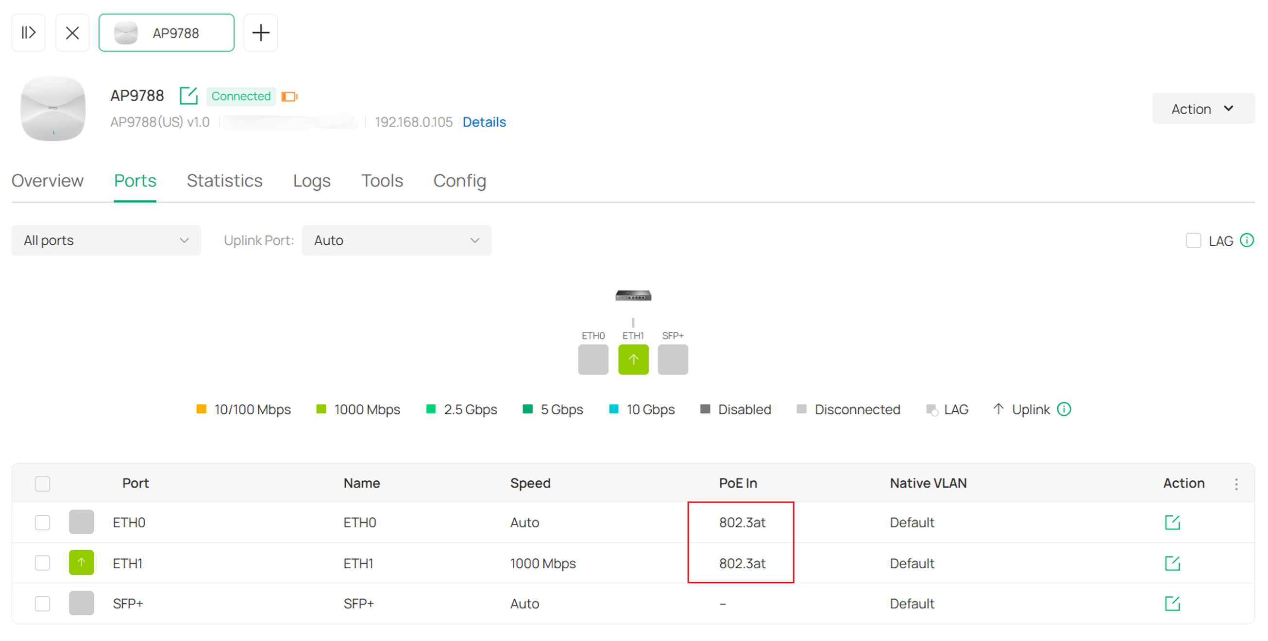 The power supply status of the PoE ports in the Manage Device > port page.