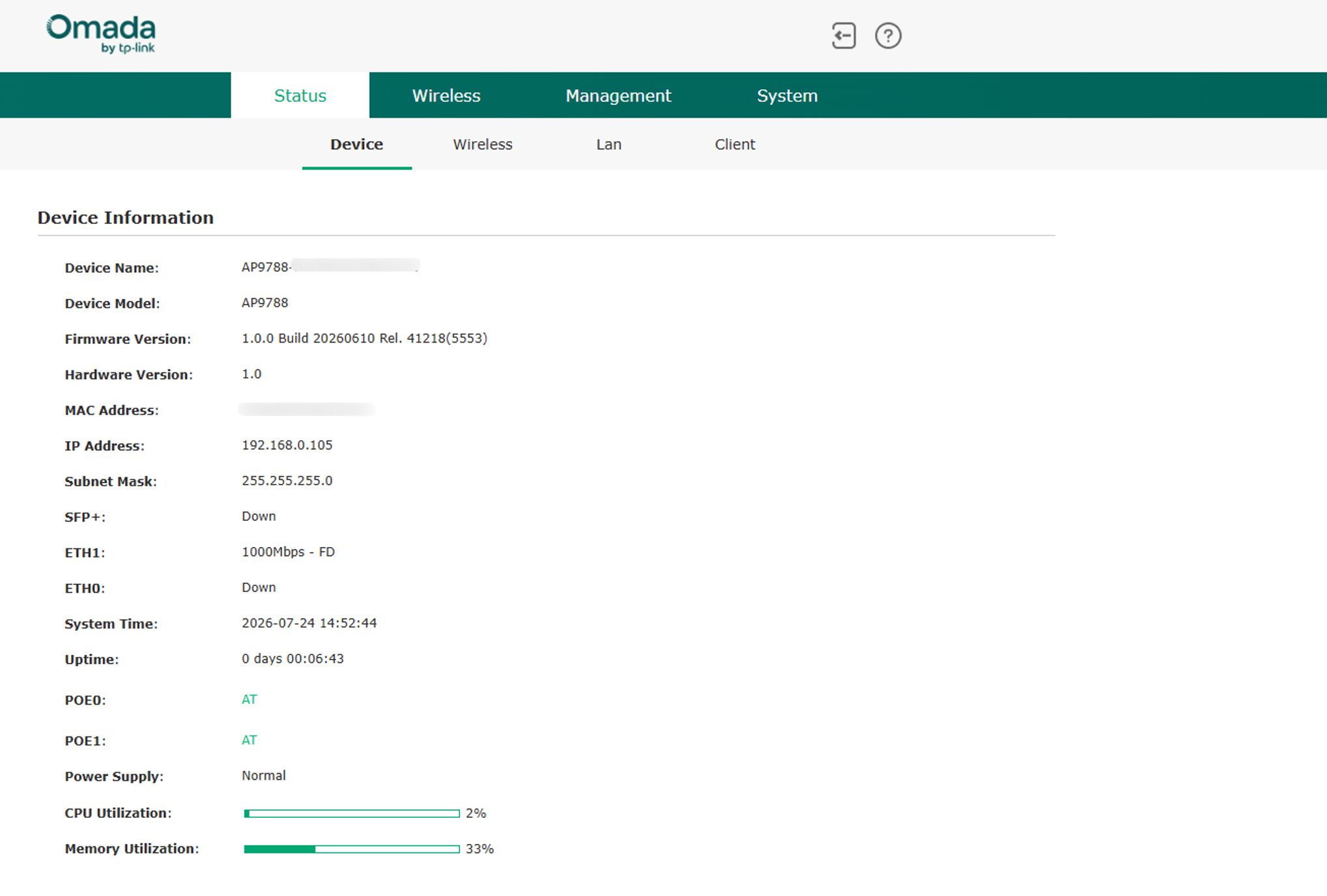 Device Status page in Standalone mode showing device information.