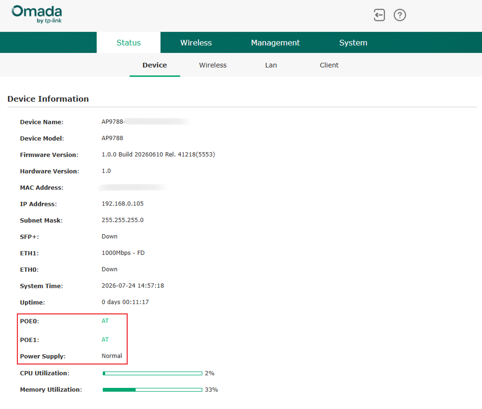 Device Status page showing sufficient power supply status in Standalone mode.