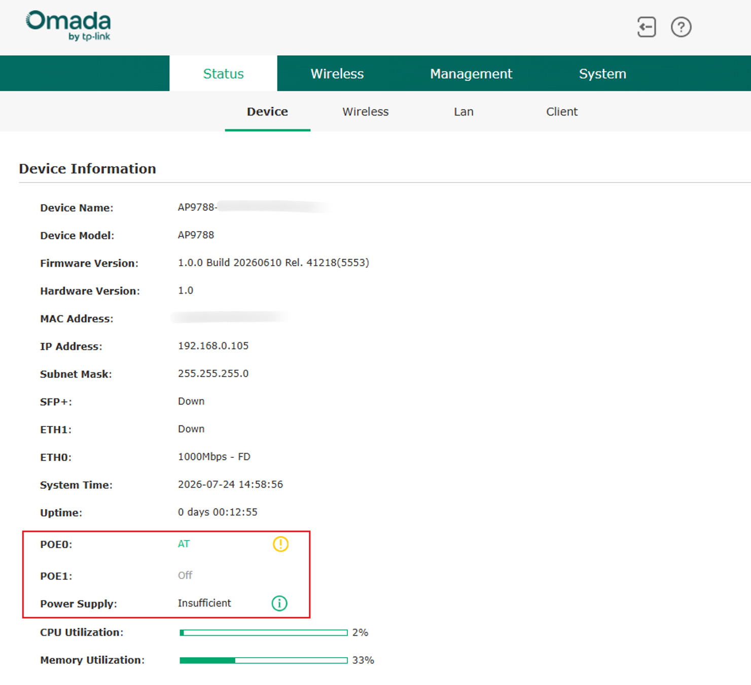 Device Status page showing insufficient power supply status in Standalone mode.