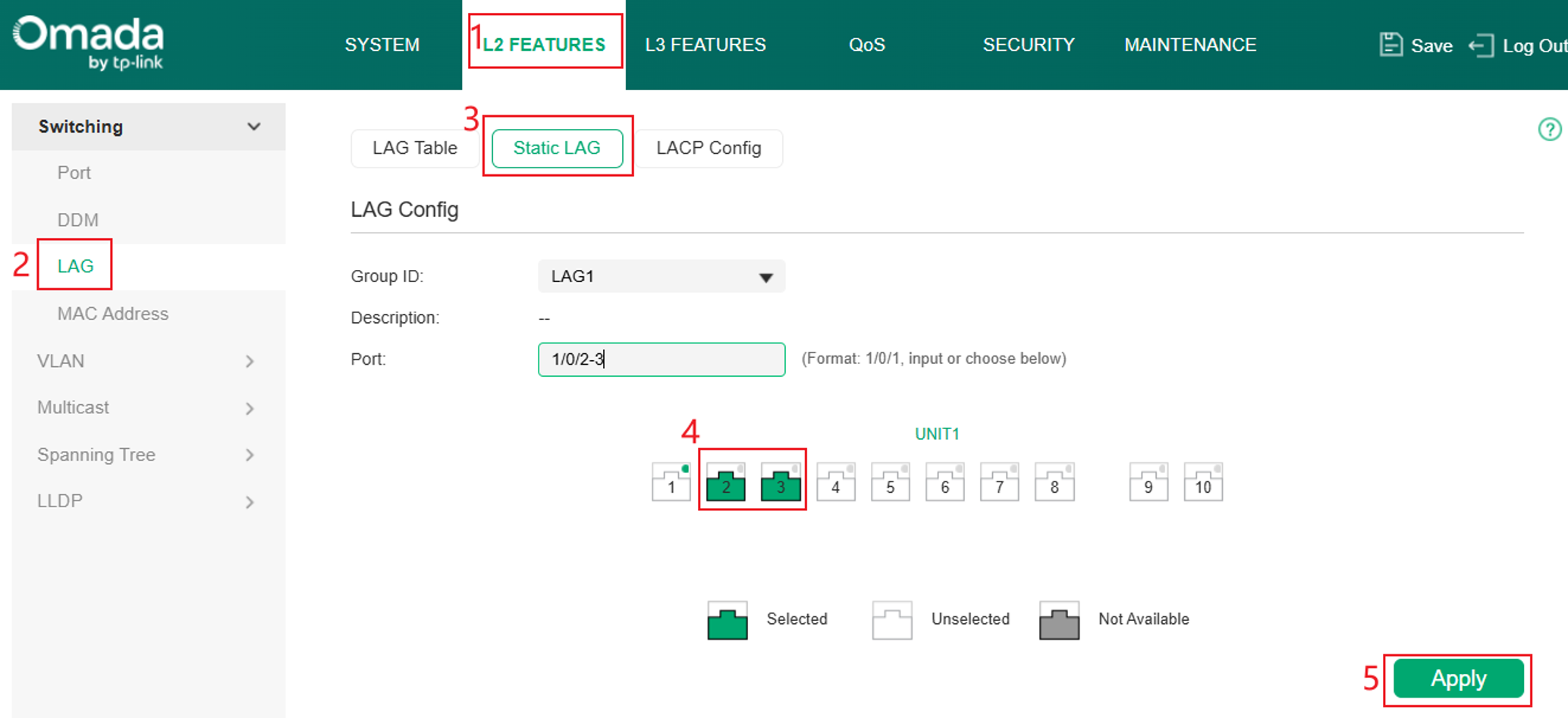 Configure LAG on the switch in Standalone mode.