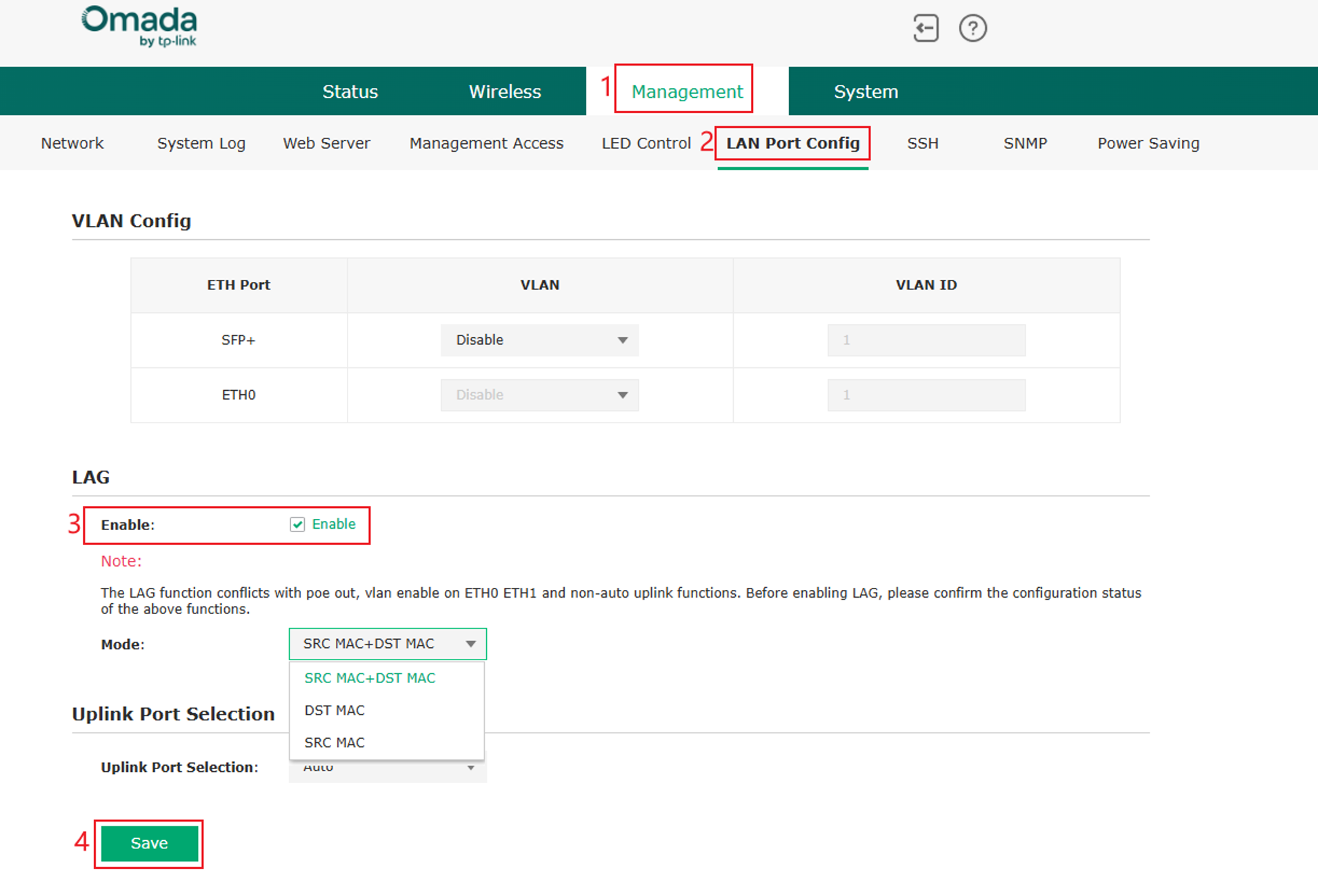 Alt text: LAN Port Configuration page showing the option to enable LAG.