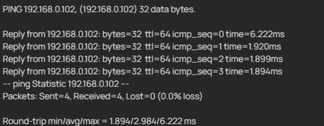 ping test from a client connected to the AP showing successful connectivity to the switch with 0% packet loss and normal response times.