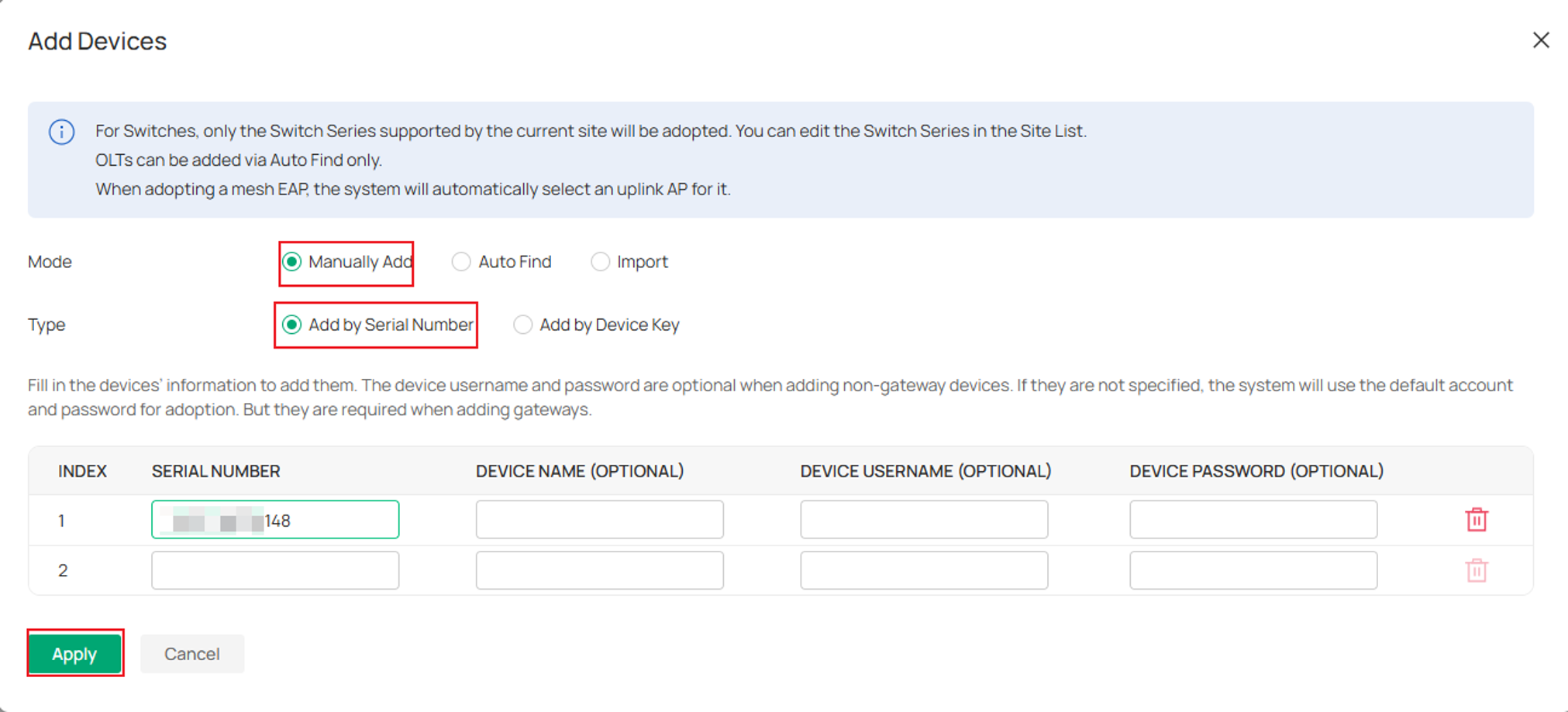 Adding the serial number for remote adoption