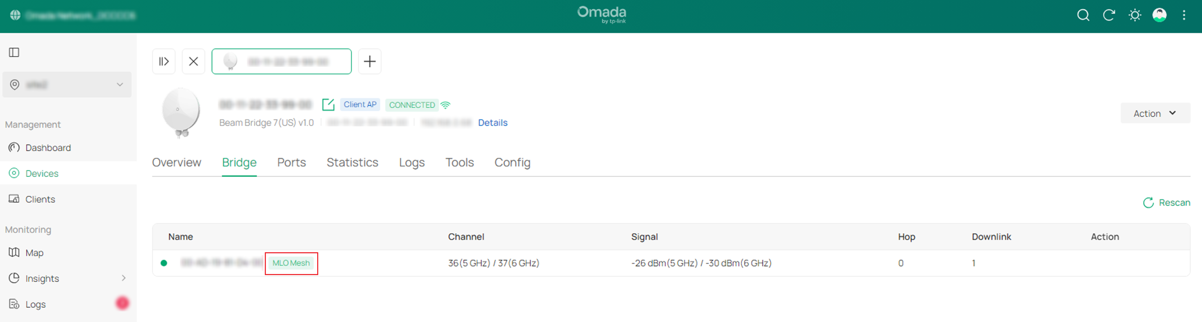 Omada Controller bridge topology and detail displaying active 5 GHz and 6 GHz links with MLO status.