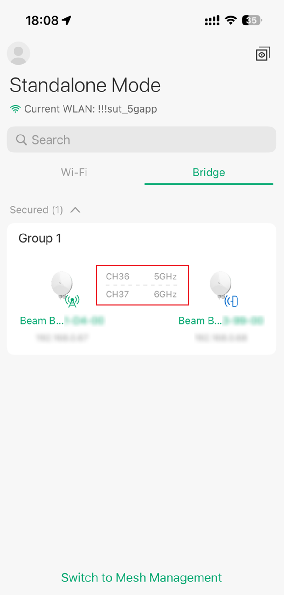 Omada App bridge overview showing active 5 GHz and 6 GHz bridge connections.