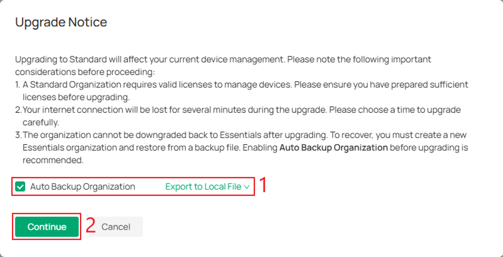 Upgrade Notice showing Standard upgrade and Auto Backup Organization option.