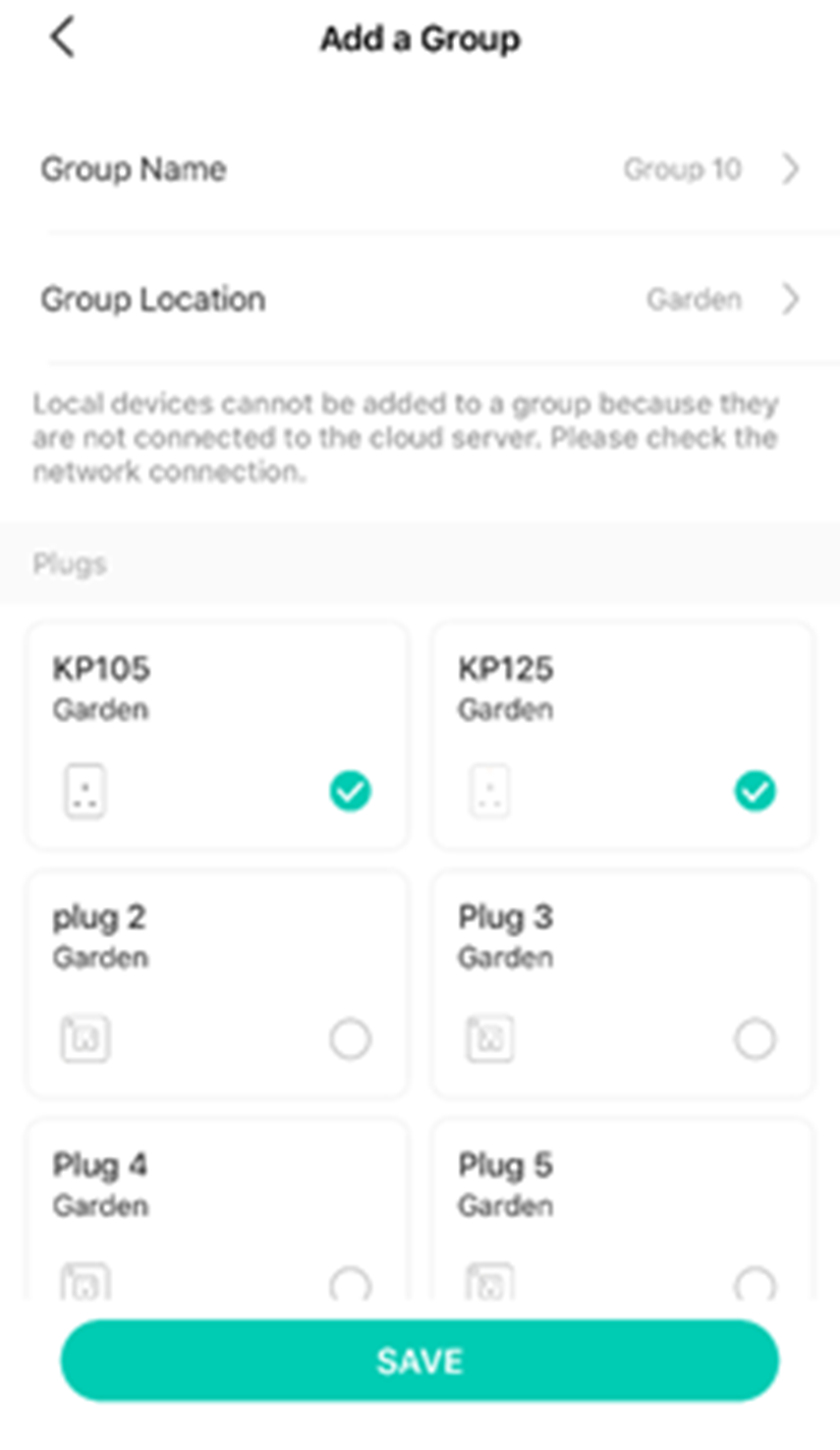 Screenshot der Seite zum Festlegen von Gruppenname und Standort sowie zur Auswahl der Gruppengeräte in der Kasa-App.