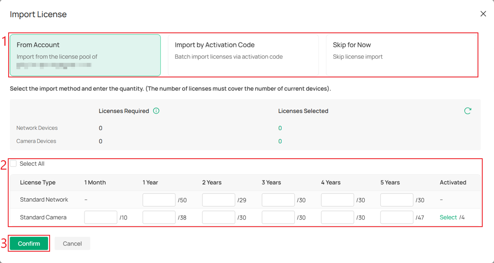 License import options including From Account and Import by Activation Code for assigning licenses to the organization