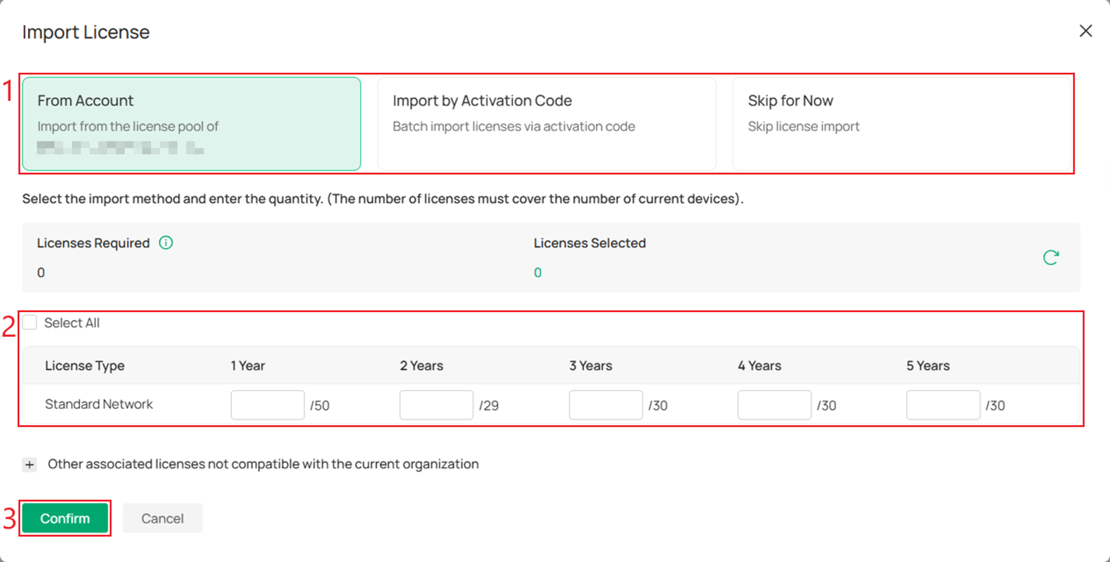 License import options including From Account and Import by Activation Code for assigning licenses to the upgraded organization