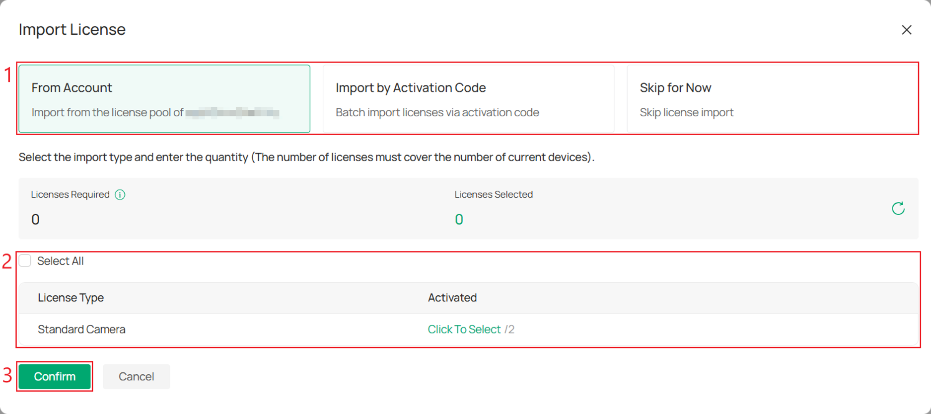 License import options including From Account and Import by Activation Code for assigning licenses