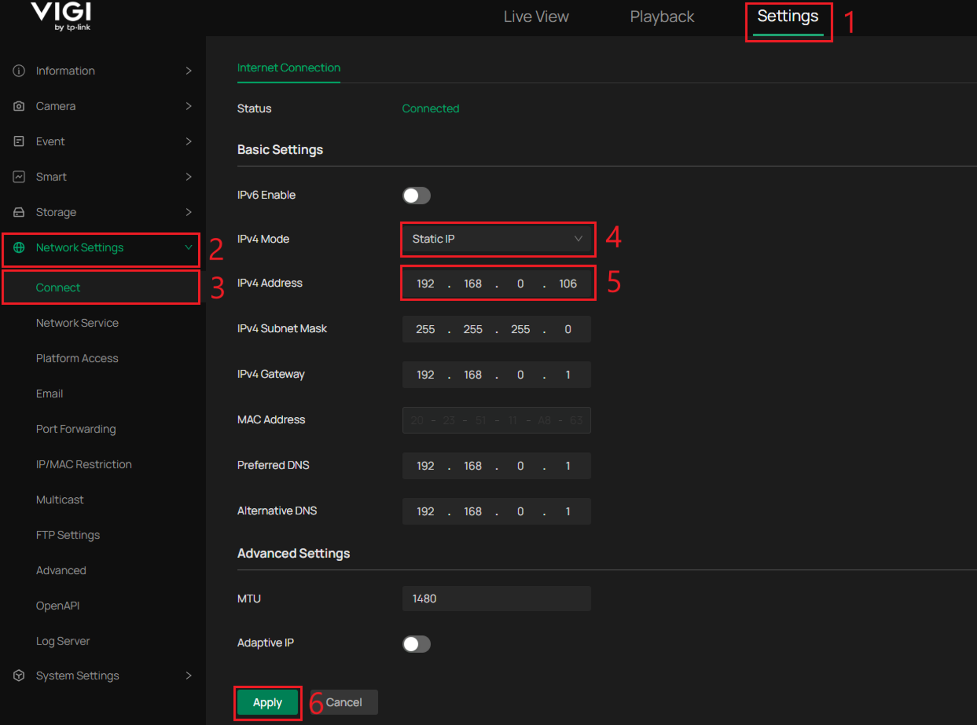 VIGI camera Network Settings page showing Static IP mode and IPv4 address.