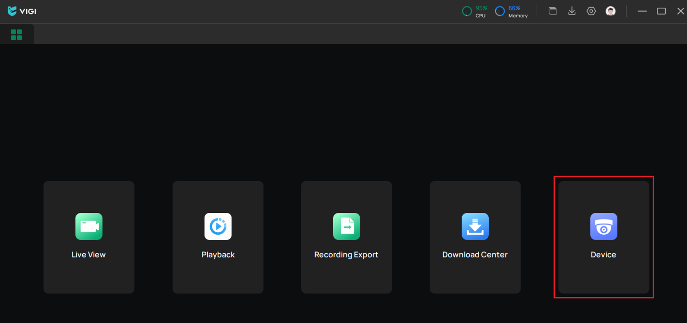 VIGI PC Client home screen with the Device option selected.