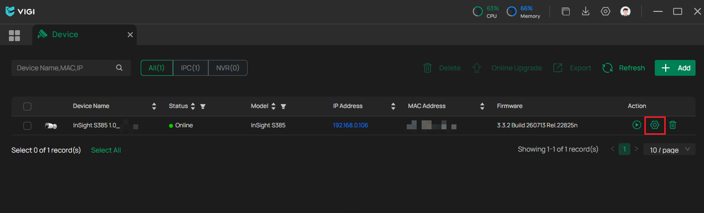 VIGI PC Client Device List showing a camera and its Edit button.