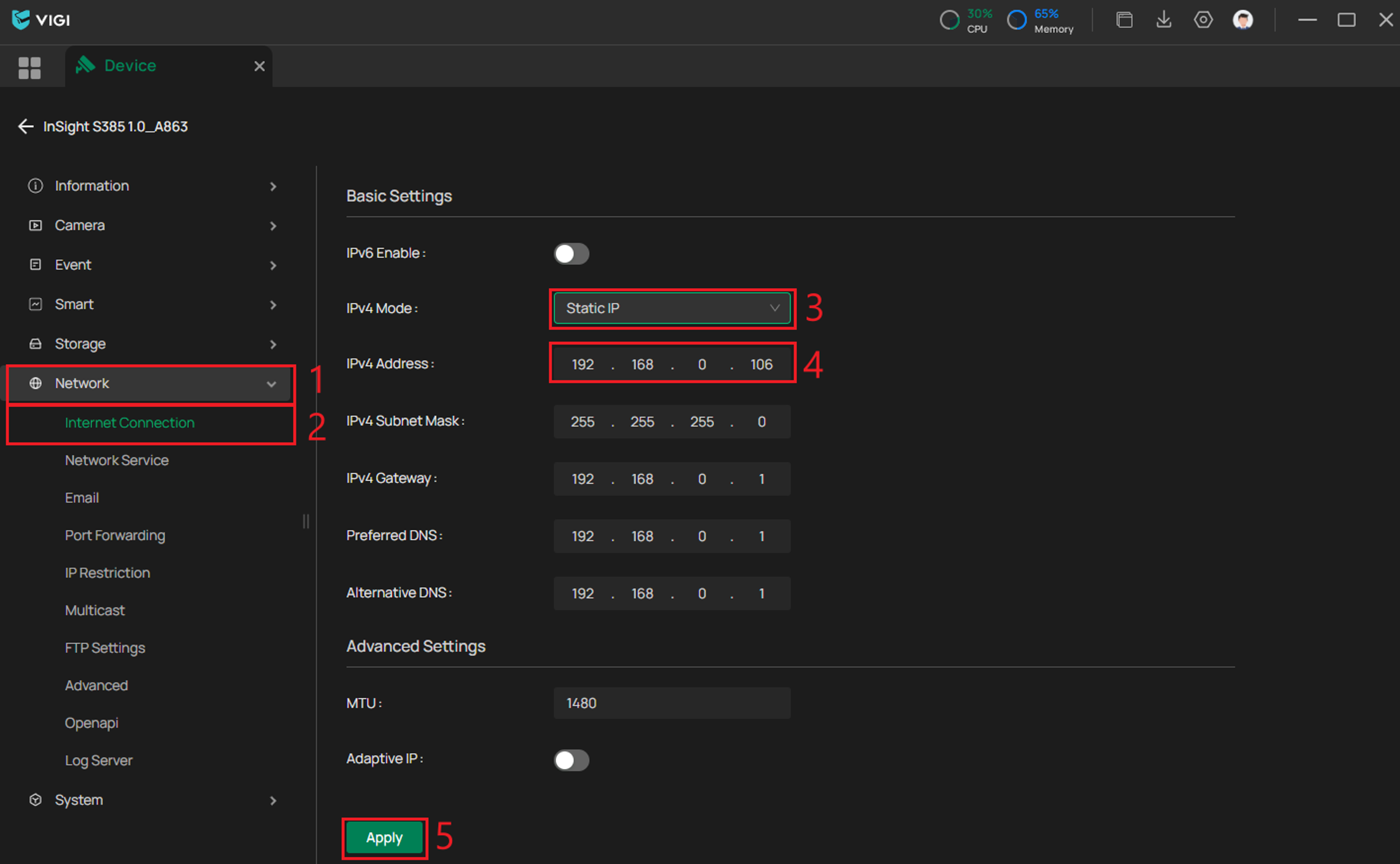 VIGI PC Client Internet Connection page showing Static IP mode and IPv4 address.