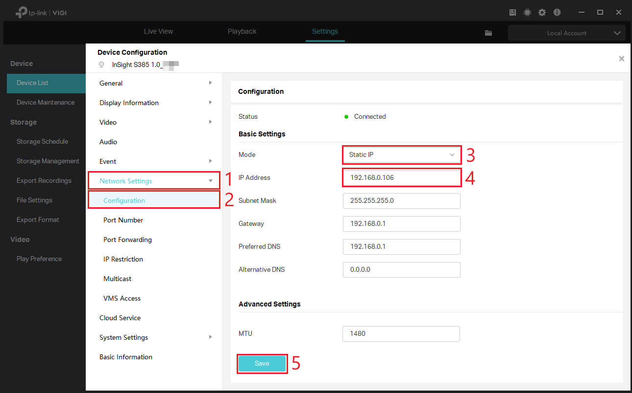 VIGI Security Manager network configuration showing Static IP mode and IP address.