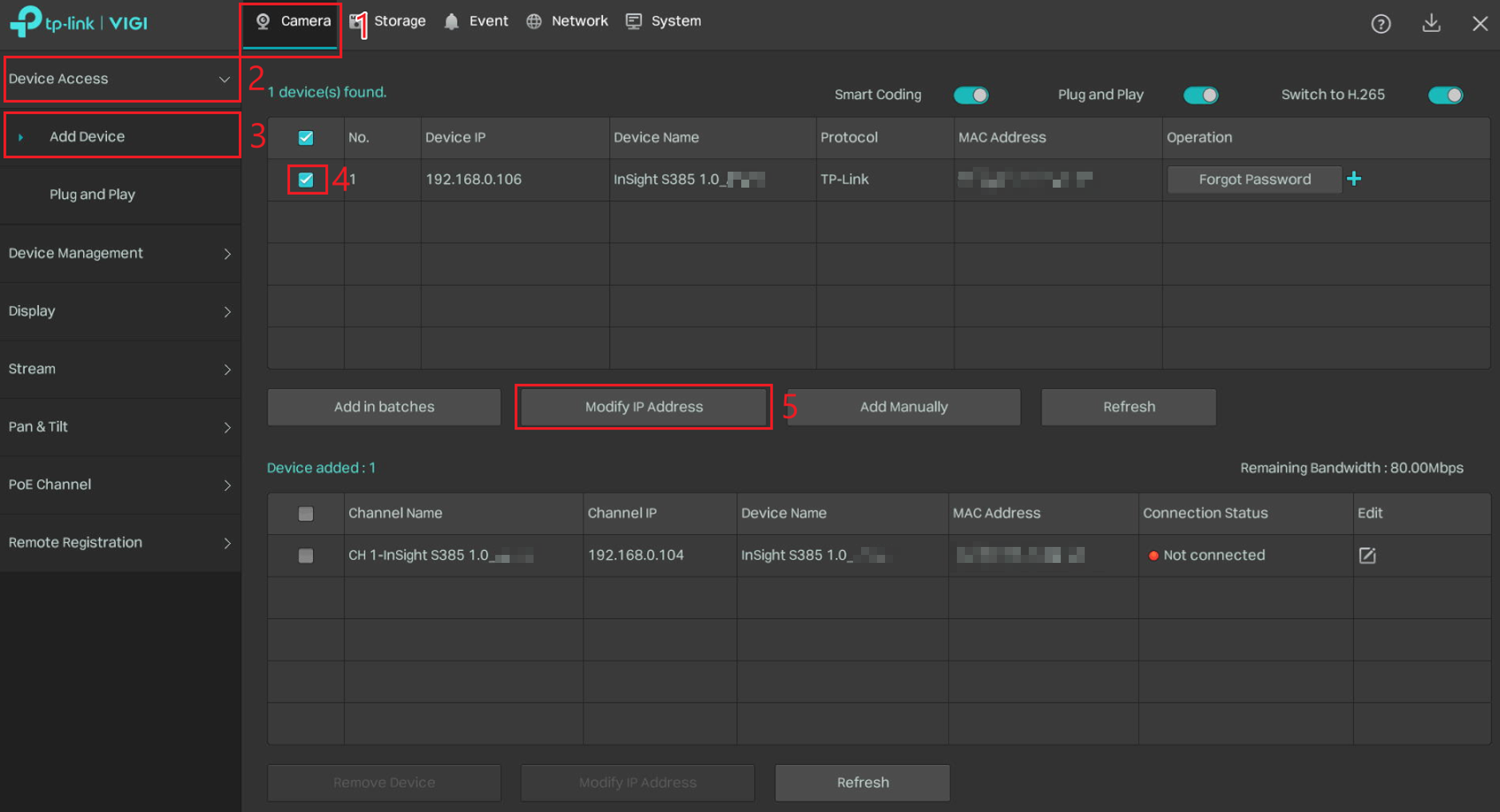 VIGI NVR Device Access page showing a discovered camera and Modify IP Address option.