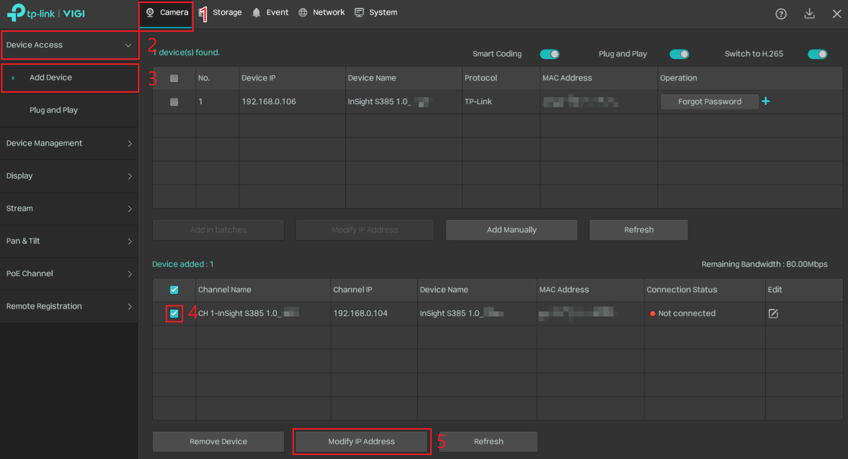 VIGI NVR Device Access page showing an added camera and Modify IP Address option.