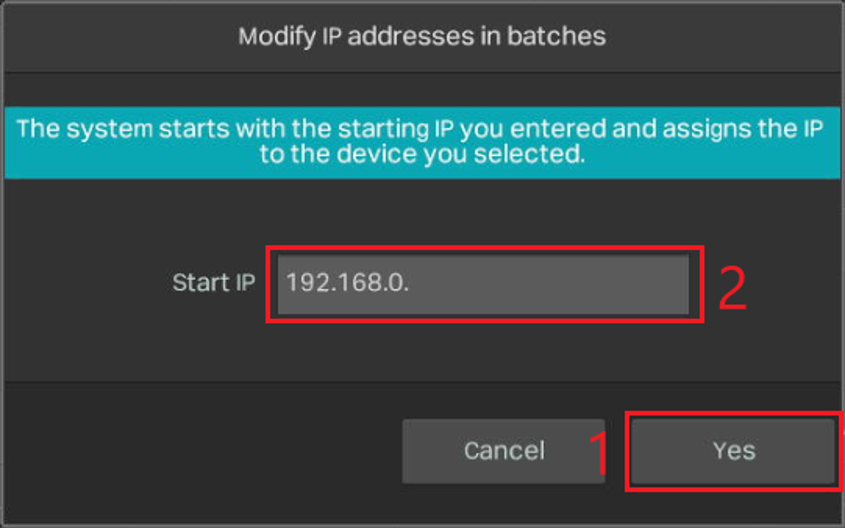 VIGI NVR batch IP modification window showing the Start IP field and Yes button.