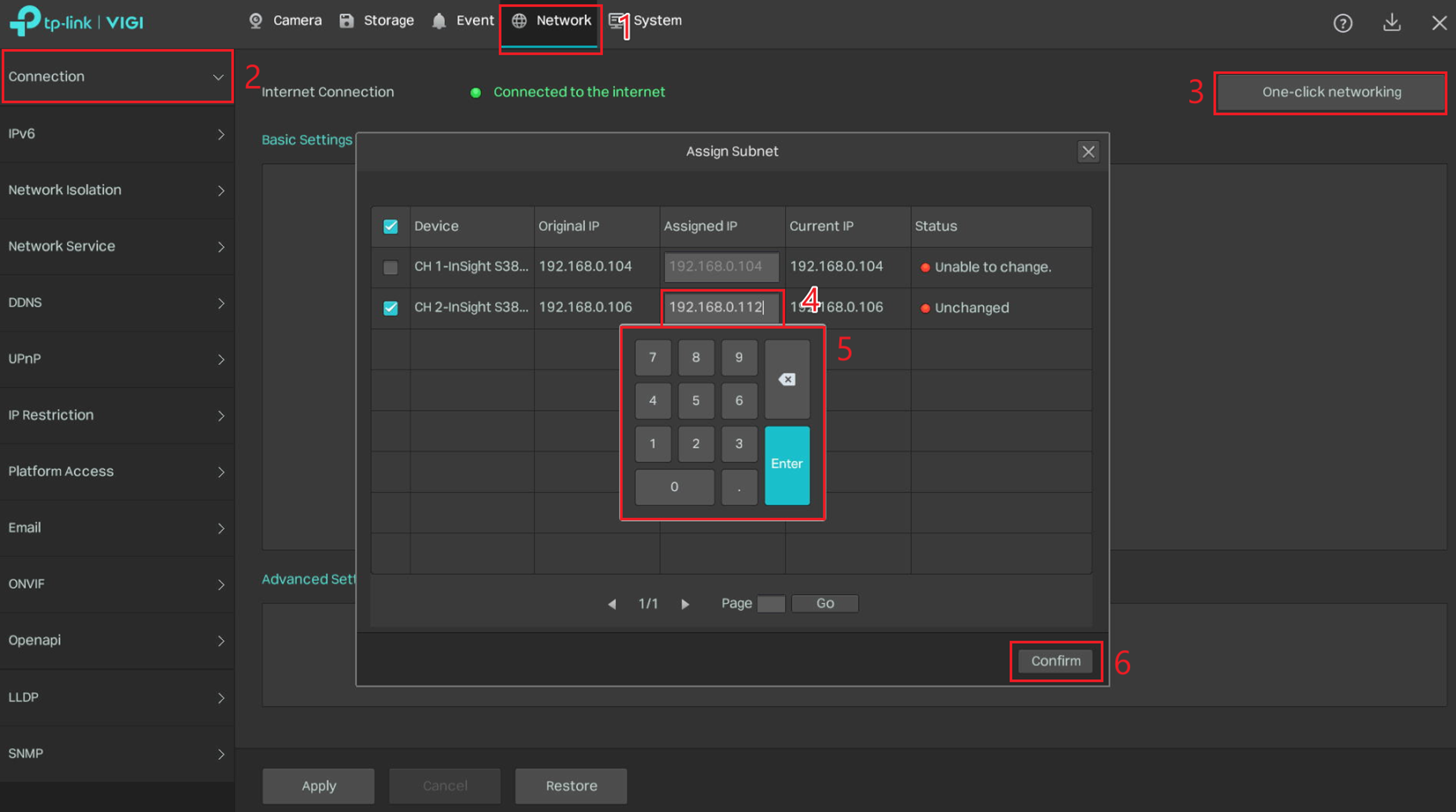 VIGI NVR One-click networking window showing current and assigned IP addresses for a camera.