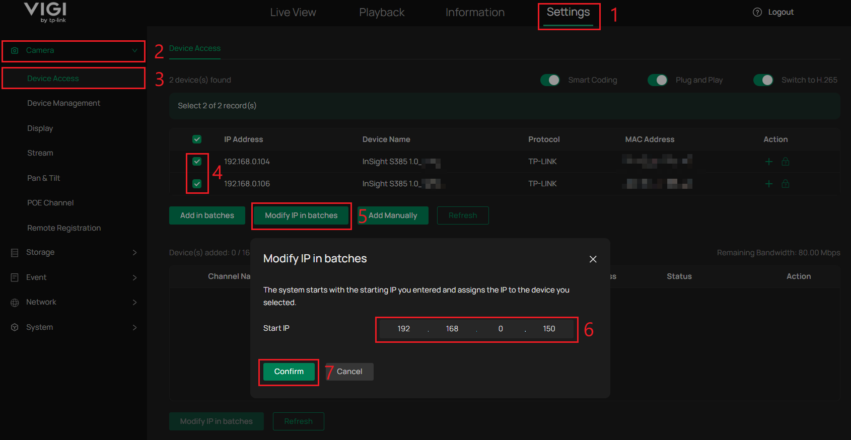VIGI NVR WebUI Device Access page showing selected cameras and the Modify IP in batches window.