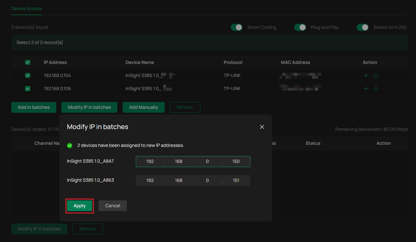 VIGI NVR WebUI Modify IP in batches window showing newly assigned IP addresses and the Apply button.