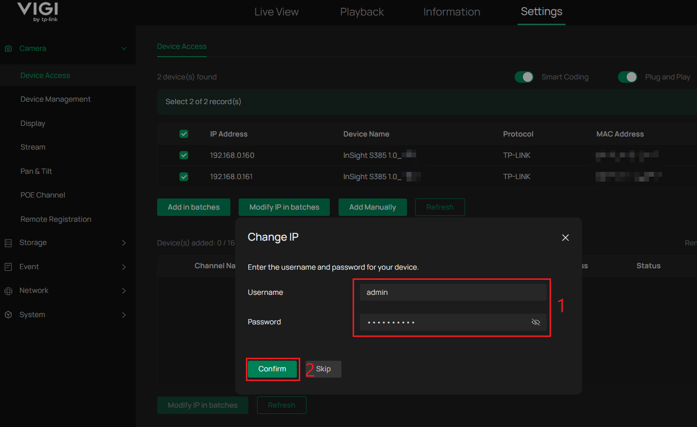 VIGI NVR WebUI Change IP window showing username and password fields and the Confirm button.