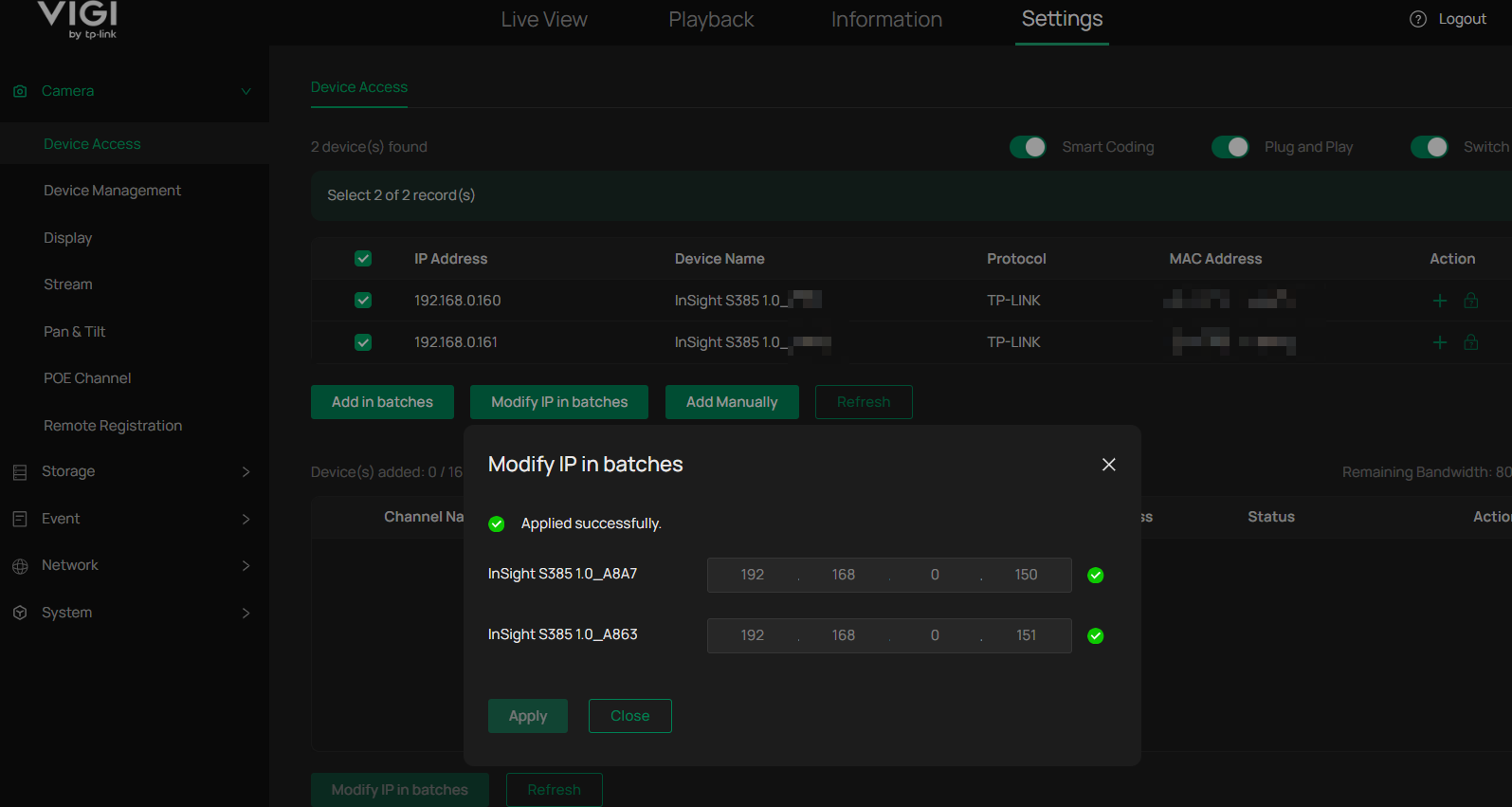 VIGI NVR WebUI Modify IP in batches window showing the IP address changes applied successfully.