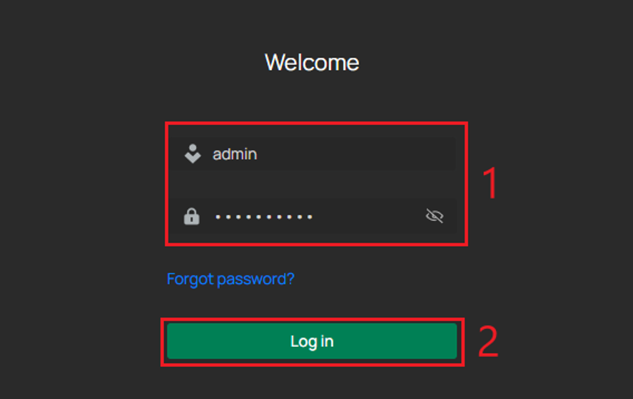 VIGI NVR WebUI login screen showing account credentials and Log in button.