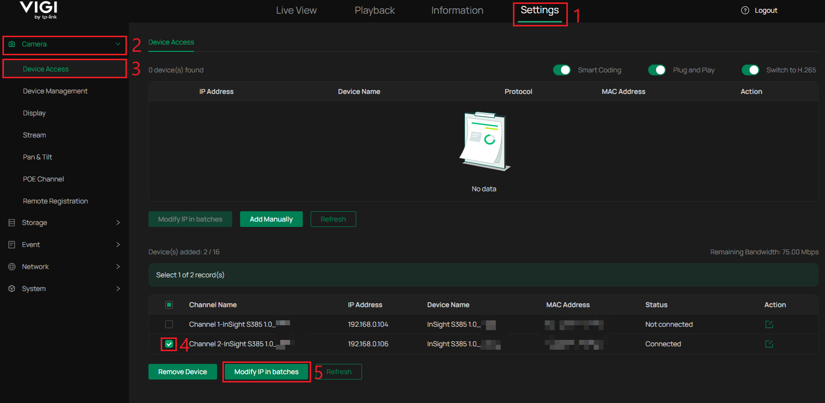 VIGI NVR WebUI Device Access page showing added cameras and Modify IP in batches option.