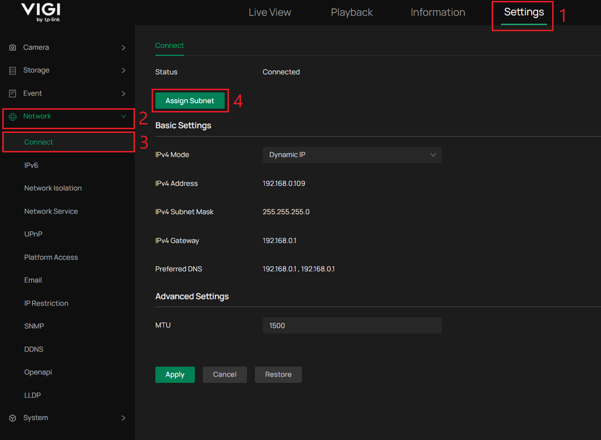 VIGI NVR WebUI Network Connect page showing the Assign Subnet button.
